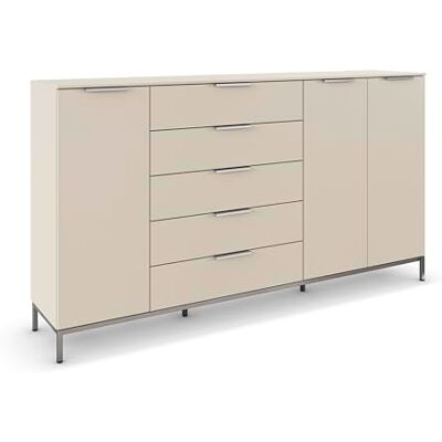 Rauch Möbel Flipp, Nachttisch für Schlafzimmer, Kinderzimmer, Wohnzimmer, Flur, Garderobe, 3-türig, 5 Schubladen, mit Softclose-Funktion, Griffe und Metallkufe Chrom, Farbe Beige, Breite 199 cm Rauch Möbel Flipp, Nachttisch für Schlafzimmer, Kinderzimmer, Wohnzimmer, Flur, Garderobe, 3-türig, 5 Schubladen, mit Softclose-Funktion, Griffe und Metallkufe Chrom, Farbe Beige, Breite 199 cm