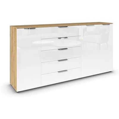 Rauch Möbel Flipp, Kommode für Schlafzimmer, Kinderzimmer, Wohnzimmer, Jugendzimmer, Flur, Garderobe, 3-türig, 5 Schubladen, mit Softclose-Funktion, Farbe Eiche Artisan, Holz/Glas Weiß, Breite 199 cm Rauch Möbel Flipp, Kommode für Schlafzimmer, Kinderzimmer, Wohnzimmer, Jugendzimmer, Flur, Garderobe, 3-türig, 5 Schubladen, mit Softclose-Funktion, Farbe Eiche Artisan, Holz/Glas Weiß, Breite 199 cm