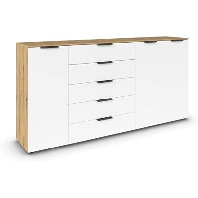 Rauch Möbel Flipp, Kommode für Schlafzimmer, Kinderzimmer, Wohnzimmer, Jugendzimmer, Flur, Garderobe, 3-türig, 5 Schubladen, mit Softclose-Funktion, Farbe Eiche Artisan, Holz/Weiß, Breite 199 cm Rauch Möbel Flipp, Kommode für Schlafzimmer, Kinderzimmer, Wohnzimmer, Jugendzimmer, Flur, Garderobe, 3-türig, 5 Schubladen, mit Softclose-Funktion, Farbe Eiche Artisan, Holz/Weiß, Breite 199 cm