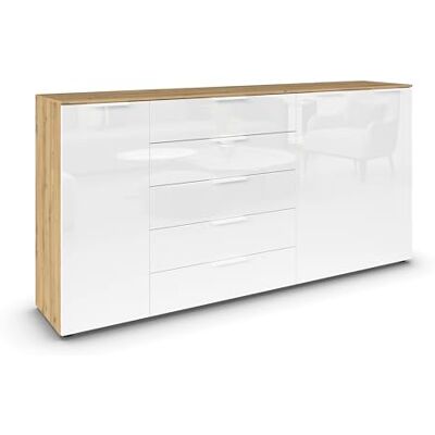 Rauch Möbel Flipp, Kommode für Schlafzimmer, Kinderzimmer, Wohnzimmer, Jugendzimmer, Flur, Garderobe, 3-türig, 5 Schubladen, mit Softclose-Funktion, Farbe Eiche Artisan, Holz/Glas Weiß, Breite 199 cm Rauch Möbel Flipp, Kommode für Schlafzimmer, Kinderzimmer, Wohnzimmer, Jugendzimmer, Flur, Garderobe, 3-türig, 5 Schubladen, mit Softclose-Funktion, Farbe Eiche Artisan, Holz/Glas Weiß, Breite 199 cm