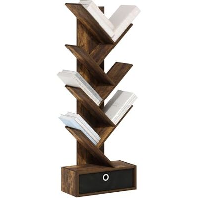 Furinno Tree Bücherregal 7-stufiges bodenstehendes Baumbücherregal mit Bin-Schublade, Bernsteinkiefer/Schwarz Furinno Tree Bücherregal 7-stufiges bodenstehendes Baumbücherregal mit Bin-Schublade, Bernsteinkiefer/Schwarz