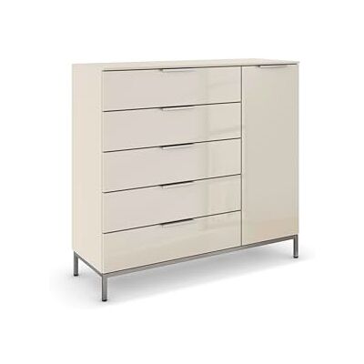 Rauch Möbel Flipp, Nachttisch für Schlafzimmer, Kinderzimmer, Wohnzimmer, Flur, Garderobe, 1-türig, 5 Schubladen, mit Softclose-Funktion, Griffe und Metallkufe Chrom, Farbe Glas Beige, Breite 120 cm Rauch Möbel Flipp, Nachttisch für Schlafzimmer, Kinderzimmer, Wohnzimmer, Flur, Garderobe, 1-türig, 5 Schubladen, mit Softclose-Funktion, Griffe und Metallkufe Chrom, Farbe Glas Beige, Breite 120 cm