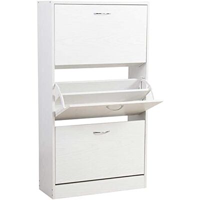BAKAJI Slim Platzsparend Schuhschrank mit 3 Türen, doppelte Einlegeböden, MDF-Holz, 63 x 24 x 5 cm, Weiß Esche, Holzwerkstoff, Eschenweiß BAKAJI Slim Platzsparend Schuhschrank mit 3 Türen, doppelte Einlegeböden, MDF-Holz, 63 x 24 x 5 cm, Weiß Esche, Holzwerkstoff, Eschenweiß