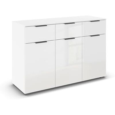 Rauch Möbel Alabama, Kommode für Schlafzimmer, Kinderzimmer, Garderobe, Flur, 3-türig, mit 3 Schubladen, Soft-Close-Funktion, Farbe Hochglanz Weiß, Griff Grau metallic, Schwarz, Maße 120x81x42cm Rauch Möbel Alabama, Kommode für Schlafzimmer, Kinderzimmer, Garderobe, Flur, 3-türig, mit 3 Schubladen, Soft-Close-Funktion, Farbe Hochglanz Weiß, Griff Grau metallic, Schwarz, Maße 120x81x42cm