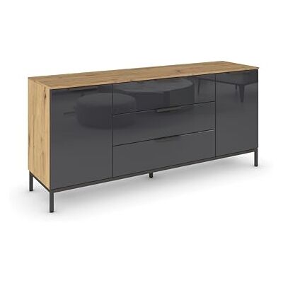 Rauch Möbel Flipp, Nachttisch für Schlafzimmer, Garderobe, 2-türig, 3 Schubladen, mit Softclose-Funktion, Griffe und Metallkufe Graphit, Farbe Eiche Artisan, Holz/Glas Basalt, Breite 160 cm Rauch Möbel Flipp, Nachttisch für Schlafzimmer, Garderobe, 2-türig, 3 Schubladen, mit Softclose-Funktion, Griffe und Metallkufe Graphit, Farbe Eiche Artisan, Holz/Glas Basalt, Breite 160 cm