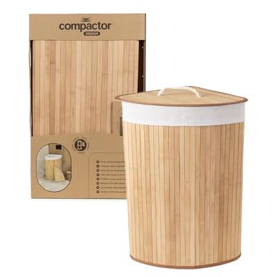 Compactor Eck-Wäschekorb aus Bambus, faltbar, Abnehmbarer Deckel, naturfarbenes Innenfutter, platzsparend, 35 × 35 × 60 cm, natürliches Design für Badezimmer Compactor Eck-Wäschekorb aus Bambus, faltbar, Abnehmbarer Deckel, naturfarbenes Innenfutter, platzsparend, 35 × 35 × 60 cm, natürliches Design für Badezimmer