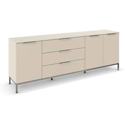 Rauch Möbel Flipp, Nachttisch für Schlafzimmer, Kinderzimmer, Wohnzimmer, Flur, Garderobe, 3-türig, 3 Schubladen, mit Softclose-Funktion, Griffe und Metallkufe Chrom, Farbe Beige, Breite 199 cm Rauch Möbel Flipp, Nachttisch für Schlafzimmer, Kinderzimmer, Wohnzimmer, Flur, Garderobe, 3-türig, 3 Schubladen, mit Softclose-Funktion, Griffe und Metallkufe Chrom, Farbe Beige, Breite 199 cm