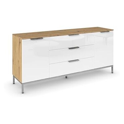 Rauch Möbel Flipp, Nachttisch für Schlafzimmer, Flur, Garderobe, 2-türig, 3 Schubladen, mit Softclose-Funktion, Griffe und Metallkufe Chrom, Farbe Eiche Artisan, Holz/Glas Weiß, Breite 160 cm Rauch Möbel Flipp, Nachttisch für Schlafzimmer, Flur, Garderobe, 2-türig, 3 Schubladen, mit Softclose-Funktion, Griffe und Metallkufe Chrom, Farbe Eiche Artisan, Holz/Glas Weiß, Breite 160 cm