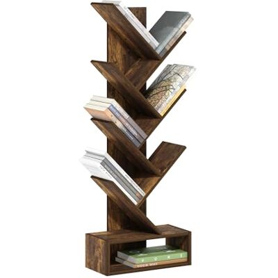 Furinno Tree Bücherregal 7-stufiges bodenstehendes Baumbücherregal mit unterem Regal, Bernsteinkiefer Furinno Tree Bücherregal 7-stufiges bodenstehendes Baumbücherregal mit unterem Regal, Bernsteinkiefer