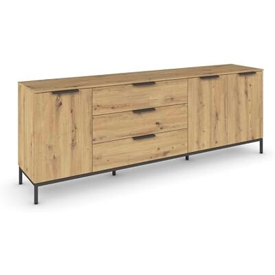 Rauch Möbel Flipp, Nachttisch für Schlafzimmer, Flur, Garderobe, 3-türig, 3 Schubladen, mit Softclose-Funktion, Griffe und Metallkufe Graphit, Farbe Eiche Artisan, Holz, Breite 199 cm Rauch Möbel Flipp, Nachttisch für Schlafzimmer, Flur, Garderobe, 3-türig, 3 Schubladen, mit Softclose-Funktion, Griffe und Metallkufe Graphit, Farbe Eiche Artisan, Holz, Breite 199 cm