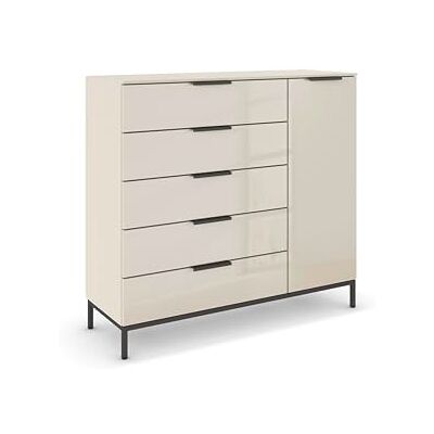 Rauch Möbel Flipp, Nachttisch für Schlafzimmer, Kinderzimmer, Wohnzimmer, Flur, Garderobe, 1-türig, 5 Schubladen, mit Softclose-Funktion, Griffe und Metallkufe Graphit, Farbe Glas Beige, Breite 120 cm Rauch Möbel Flipp, Nachttisch für Schlafzimmer, Kinderzimmer, Wohnzimmer, Flur, Garderobe, 1-türig, 5 Schubladen, mit Softclose-Funktion, Griffe und Metallkufe Graphit, Farbe Glas Beige, Breite 120 cm