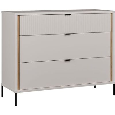Forte SERAVEL Sideboard 100 110, Elegante Kommode mit 3 Schubladen, Holzwerkstoff, Kaschmir Beige mit Mauvella Eiche Holzdekor Details, 109,4 cm breit x 87,2 cm hoch x 41,5 cm tief Forte SERAVEL Sideboard 100 110, Elegante Kommode mit 3 Schubladen, Holzwerkstoff, Kaschmir Beige mit Mauvella Eiche Holzdekor Details, 109,4 cm breit x 87,2 cm hoch x 41,5 cm tief