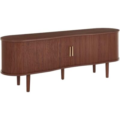 Beliani TV-Möbel Holzoptik Dunkelbraun 160 cm lang mit 2 Schiebetüren geriffelt rustikales Design 59 cm hoch Laura Beliani TV-Möbel Holzoptik Dunkelbraun 160 cm lang mit 2 Schiebetüren geriffelt rustikales Design 59 cm hoch Laura