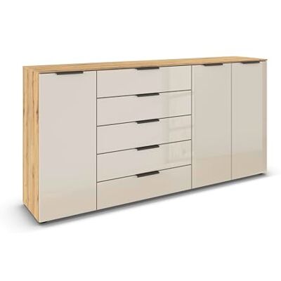 Rauch Möbel Flipp, Kommode für Schlafzimmer, Kinderzimmer, Wohnzimmer, Flur, Garderobe, 3-türig, 5 Schubladen, mit Softclose-Funktion, Farbe Eiche Artisan, Holz/Glas Beige, Breite 199 cm Rauch Möbel Flipp, Kommode für Schlafzimmer, Kinderzimmer, Wohnzimmer, Flur, Garderobe, 3-türig, 5 Schubladen, mit Softclose-Funktion, Farbe Eiche Artisan, Holz/Glas Beige, Breite 199 cm