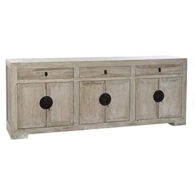 DRW Buffet mit 6 Türen und 3 Schubladen aus Kiefernholz und Metall, in gebeiztem Braun und Schwarz, 220 x 45 x 86 cm DRW Buffet mit 6 Türen und 3 Schubladen aus Kiefernholz und Metall, in gebeiztem Braun und Schwarz, 220 x 45 x 86 cm