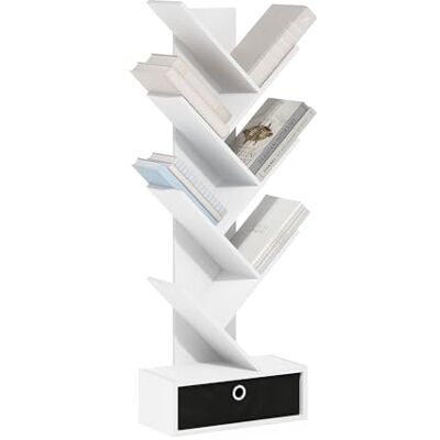 Furinno Tree Bücherregal 7-stufiges bodenstehendes Baumbücherregal mit Bin-Schublade, Weiß/Schwarz Furinno Tree Bücherregal 7-stufiges bodenstehendes Baumbücherregal mit Bin-Schublade, Weiß/Schwarz