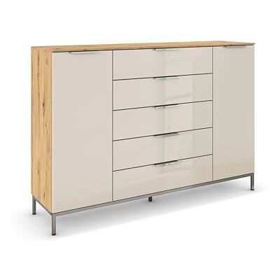 Rauch Möbel Flipp, Nachttisch für Schlafzimmer, Flur, Garderobe, 2-türig, 5 Schubladen, mit Softclose-Funktion, Griffe und Metallkufe Chrom, Farbe Eiche Artisan, Holz/Glas Beige, Breite 160 cm Rauch Möbel Flipp, Nachttisch für Schlafzimmer, Flur, Garderobe, 2-türig, 5 Schubladen, mit Softclose-Funktion, Griffe und Metallkufe Chrom, Farbe Eiche Artisan, Holz/Glas Beige, Breite 160 cm