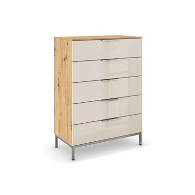 Rauch Möbel Flipp, Nachttisch für Schlafzimmer, Flur, Garderobe, 5 Schubladen, mit Softclose Funktion, Griffe und Metallkufe Chrom, Farbe Eiche Artisan, Holz/Glas Beige, Breite 80 cm Rauch Möbel Flipp, Nachttisch für Schlafzimmer, Flur, Garderobe, 5 Schubladen, mit Softclose Funktion, Griffe und Metallkufe Chrom, Farbe Eiche Artisan, Holz/Glas Beige, Breite 80 cm