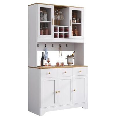 Merax Sideboard Hochschrank 94,5 x 30 x 175,5cm, mit Holzmaserung, Viel Stauraum mit 5 Türen, 3 Schubladen, Offene Fächer, Glastüren, für Wohnzimmer Esszimmer Rustikales Design, Montage facile, Weiß Merax Sideboard Hochschrank 94,5 x 30 x 175,5cm, mit Holzmaserung, Viel Stauraum mit 5 Türen, 3 Schubladen, Offene Fächer, Glastüren, für Wohnzimmer Esszimmer Rustikales Design, Montage facile, Weiß