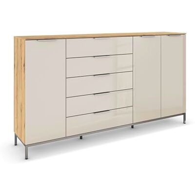 Rauch Möbel Flipp, Nachttisch für Schlafzimmer, Flur, Garderobe, 3-türig, 5 Schubladen, mit Softclose-Funktion, Griffe und Metallkufe Chrom, Farbe Eiche Artisan, Holz/Glas Beige, Breite 199 cm Rauch Möbel Flipp, Nachttisch für Schlafzimmer, Flur, Garderobe, 3-türig, 5 Schubladen, mit Softclose-Funktion, Griffe und Metallkufe Chrom, Farbe Eiche Artisan, Holz/Glas Beige, Breite 199 cm