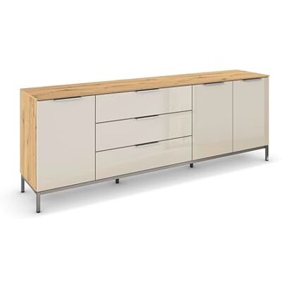 Rauch Möbel Flipp, Nachttisch für Schlafzimmer, Flur, Garderobe, 3-türig, 3 Schubladen, mit Softclose-Funktion, Griffe und Metallkufe Chrom, Farbe Eiche Artisan, Holz/Glas Beige, Breite 199 cm Rauch Möbel Flipp, Nachttisch für Schlafzimmer, Flur, Garderobe, 3-türig, 3 Schubladen, mit Softclose-Funktion, Griffe und Metallkufe Chrom, Farbe Eiche Artisan, Holz/Glas Beige, Breite 199 cm