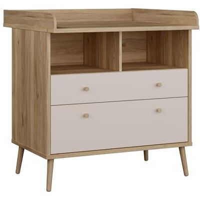 Forte WHENUA Wickelkommode 90, Mid-Century-Modern Kommode mit Wickelaufsatz, 2 Schubladen, offene Fächer, Holzwerkstoff, Mauvella Eiche Holzdekor/Beige, 89,8 cm breit x 94,4 cm hoch x 77 cm tief Forte WHENUA Wickelkommode 90, Mid-Century-Modern Kommode mit Wickelaufsatz, 2 Schubladen, offene Fächer, Holzwerkstoff, Mauvella Eiche Holzdekor/Beige, 89,8 cm breit x 94,4 cm hoch x 77 cm tief