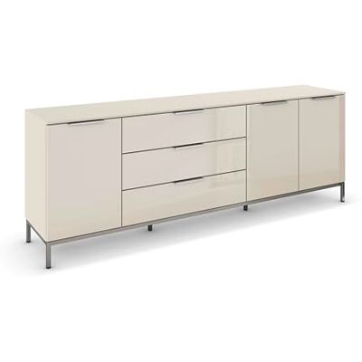 Rauch Möbel Flipp, Nachttisch für Schlafzimmer, Kinderzimmer, Wohnzimmer, Flur, Garderobe, 3-türig, 3 Schubladen, mit Softclose-Funktion, Griffe und Metallkufe Chrom, Farbe Glas Beige, Breite 199 cm Rauch Möbel Flipp, Nachttisch für Schlafzimmer, Kinderzimmer, Wohnzimmer, Flur, Garderobe, 3-türig, 3 Schubladen, mit Softclose-Funktion, Griffe und Metallkufe Chrom, Farbe Glas Beige, Breite 199 cm