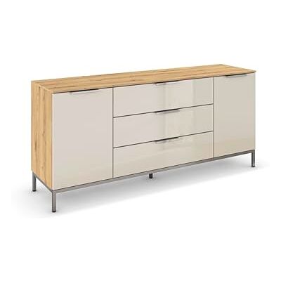 Rauch Möbel Flipp, Nachttisch für Schlafzimmer, Flur, Garderobe, 2-türig, 3 Schubladen, mit Softclose-Funktion, Griffe und Metallkufe Chrom, Farbe Eiche Artisan, Holz/Glas Beige, Breite 160 cm Rauch Möbel Flipp, Nachttisch für Schlafzimmer, Flur, Garderobe, 2-türig, 3 Schubladen, mit Softclose-Funktion, Griffe und Metallkufe Chrom, Farbe Eiche Artisan, Holz/Glas Beige, Breite 160 cm