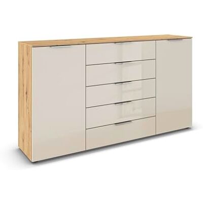 Rauch Möbel Flipp, Kommode für Schlafzimmer, Kinderzimmer, Wohnzimmer, Jugendzimmer, Flur, Garderobe, 2-türig, 5 Schubladen, mit Softclose-Funktion, Farbe Eiche Artisan, Holz/Glas Beige, Breite 180 cm Rauch Möbel Flipp, Kommode für Schlafzimmer, Kinderzimmer, Wohnzimmer, Jugendzimmer, Flur, Garderobe, 2-türig, 5 Schubladen, mit Softclose-Funktion, Farbe Eiche Artisan, Holz/Glas Beige, Breite 180 cm