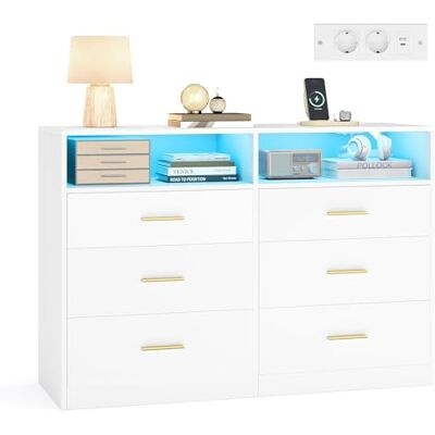 VASAGLE Custos Kollektion Kommode, Kommodenschrank mit LED-Beleuchtung und Steckdosenleiste, Sideboard, modern, Wohnzimmer, Schlafzimmer, 6 Schubladen, 40 x 119 x 81,2 cm, wolkenweiß LTS316WB01 VASAGLE Custos Kollektion Kommode, Kommodenschrank mit LED-Beleuchtung und Steckdosenleiste, Sideboard, modern, Wohnzimmer, Schlafzimmer, 6 Schubladen, 40 x 119 x 81,2 cm, wolkenweiß LTS316WB01