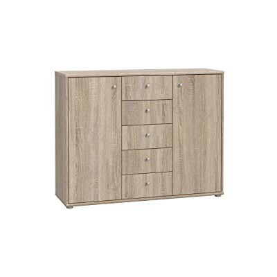 Forte TEMPRA 2 Kommode mit 2 Türen und 5 Schubladen, Holzwerkstoff, Sonoma Eiche, 108.8 x 85.5 x 34.8 cm Forte TEMPRA 2 Kommode mit 2 Türen und 5 Schubladen, Holzwerkstoff, Sonoma Eiche, 108.8 x 85.5 x 34.8 cm