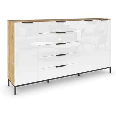 Rauch Möbel Flipp, Nachttisch für Schlafzimmer, Flur, Garderobe, 3-türig, 5 Schubladen, mit Softclose-Funktion, Griffe und Metallkufe Graphit, Farbe Eiche Artisan, Holz/Glas Weiß, Breite 199 cm Rauch Möbel Flipp, Nachttisch für Schlafzimmer, Flur, Garderobe, 3-türig, 5 Schubladen, mit Softclose-Funktion, Griffe und Metallkufe Graphit, Farbe Eiche Artisan, Holz/Glas Weiß, Breite 199 cm