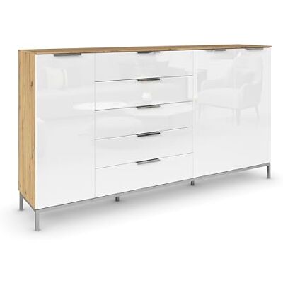 Rauch Möbel Flipp, Nachttisch für Schlafzimmer, Flur, Garderobe, 3-türig, 5 Schubladen, mit Softclose-Funktion, Griffe und Metallkufe Chrom, Farbe Eiche Artisan, Holz/Glas Weiß, Breite 199 cm Rauch Möbel Flipp, Nachttisch für Schlafzimmer, Flur, Garderobe, 3-türig, 5 Schubladen, mit Softclose-Funktion, Griffe und Metallkufe Chrom, Farbe Eiche Artisan, Holz/Glas Weiß, Breite 199 cm