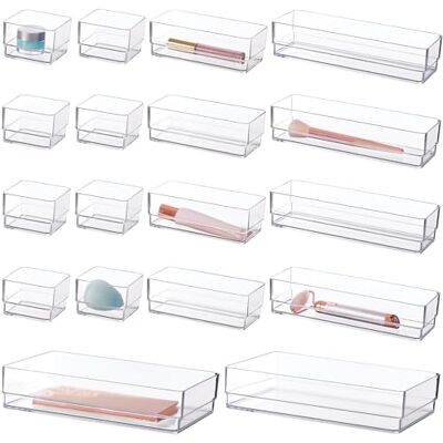 STORi SimpleSort 18-teiliges stapelbares transparentes Schubladen-Organizer-Set mehrere Größen Make-up-Aufbewahrungsbehälter und Büro-Schreibtisch-Schubladenteiler Hergestellt in den USA STORi SimpleSort 18-teiliges stapelbares transparentes Schubladen-Organizer-Set mehrere Größen Make-up-Aufbewahrungsbehälter und Büro-Schreibtisch-Schubladenteiler Hergestellt in den USA