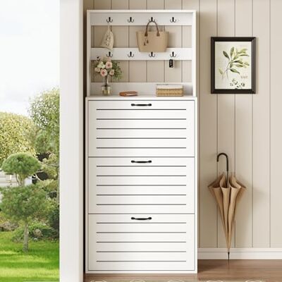 Merax Schuhschrank 70x25x163cm, mit 3 Türen, 8 Haken & Platz für 15 Paar Schuhe – für Flur, Weiß Merax Schuhschrank 70x25x163cm, mit 3 Türen, 8 Haken & Platz für 15 Paar Schuhe – für Flur, Weiß