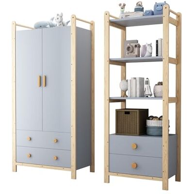 BTM Kleiderschrank Set Kinderzimmer Kombinations Kleiderschrank Schiebetüren mit Schubladen und Stange + Ablageregal Blau BTM Kleiderschrank Set Kinderzimmer Kombinations Kleiderschrank Schiebetüren mit Schubladen und Stange + Ablageregal Blau