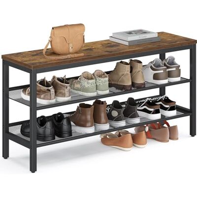 VASAGLE Schuhbank mit 3 Ebenen, Schuhregal, Schuhablage, einteiliges Design, mit erhöhten Kanten, Industrie-Stil, einfache Montage, 28 x 100 x 50 cm, vintagebraun-tintenschwarz LSB075KD02 VASAGLE Schuhbank mit 3 Ebenen, Schuhregal, Schuhablage, einteiliges Design, mit erhöhten Kanten, Industrie-Stil, einfache Montage, 28 x 100 x 50 cm, vintagebraun-tintenschwarz LSB075KD02