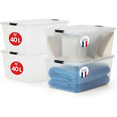 Iris Ohyama Aufbewahrungsboxen mit Deckel, 40L, 4er-Set, Transparent, Sicherer Verschluss, Stapelbar, Griffe, Schlafzimmer, Schrank, Büro, Organisation, BPA-freies Plastik, Ordnungsboxen, FTB-40 Iris Ohyama Aufbewahrungsboxen mit Deckel, 40L, 4er-Set, Transparent, Sicherer Verschluss, Stapelbar, Griffe, Schlafzimmer, Schrank, Büro, Organisation, BPA-freies Plastik, Ordnungsboxen, FTB-40