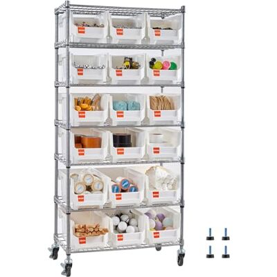 VEVOR Standregal, Lagerregal mit 7 Ebenen & 18 Stapelboxen, Bücherregal, Küchenregal mit Rollen, Werkzeugaufbewahrung für Garage, Lager, Büro, Restaurant, Klassenzimmer, Küche, 690x355x1490 mm VEVOR Standregal, Lagerregal mit 7 Ebenen & 18 Stapelboxen, Bücherregal, Küchenregal mit Rollen, Werkzeugaufbewahrung für Garage, Lager, Büro, Restaurant, Klassenzimmer, Küche, 690x355x1490 mm