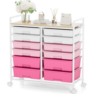 KINGRACK Rollcontainer mit 12 Schubladen und Holzarbeitsplatte, Schubladenschrank für Badezimmer, Küchen, Wohnzimmer und Büros (Rosa) KINGRACK Rollcontainer mit 12 Schubladen und Holzarbeitsplatte, Schubladenschrank für Badezimmer, Küchen, Wohnzimmer und Büros (Rosa)