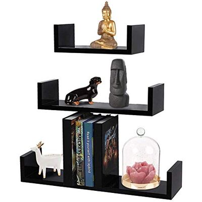 BAKAJI Set mit 3 modernen Wandregalen, Design mit seitlichen Rändern, Regal, 1 Ablage aus MDF, Verschiedene Größen (Schwarz) BAKAJI Set mit 3 modernen Wandregalen, Design mit seitlichen Rändern, Regal, 1 Ablage aus MDF, Verschiedene Größen (Schwarz)