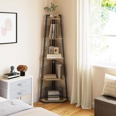 YITAHOME Eckregal, 5-stöckiges Leiterregal, Industrielles Bücherregal, Bodenstehendes Regal, Offenes Standregal aus Holz, für Wohnzimmer, Flur, Schlafzimmer, Home-Office, Eichenfarbe Lagerregal YITAHOME Eckregal, 5-stöckiges Leiterregal, Industrielles Bücherregal, Bodenstehendes Regal, Offenes Standregal aus Holz, für Wohnzimmer, Flur, Schlafzimmer, Home-Office, Eichenfarbe Lagerregal