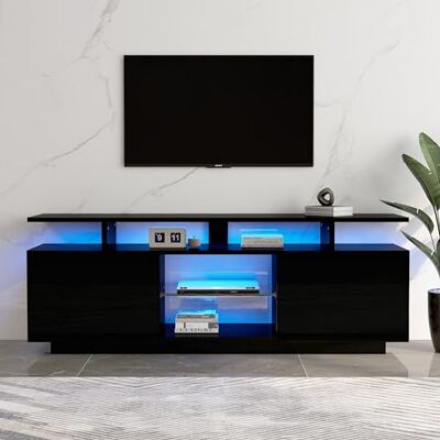BTM schwarzer TV-Schrank mit 16-Farben-LED-Beleuchtung, 1,4 m Länge – stilvoller Aufbewahrungsschrank für 60-Zoll-Fernseher, Lichtleiste, Hochglanz-Türpaneel mit Glasfach,TV Board BTM schwarzer TV-Schrank mit 16-Farben-LED-Beleuchtung, 1,4 m Länge – stilvoller Aufbewahrungsschrank für 60-Zoll-Fernseher, Lichtleiste, Hochglanz-Türpaneel mit Glasfach,TV Board