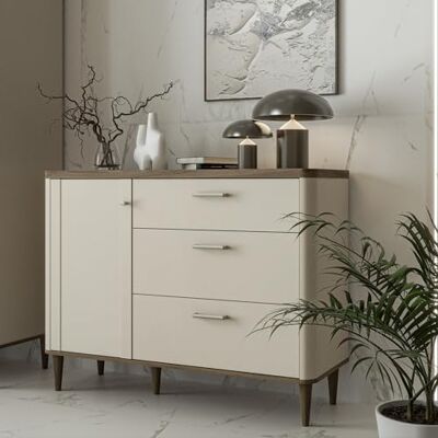 Forte LACETTI Kommode 120, Moderne Kommode mit Skandi Lamellen Design, 3 Schubladen, 1 Tür, Holzwerkstoff, Sand mit Valencia Eiche Holzdekor, 120,1 cm breit x 91,7 cm hoch x 41,2 cm tief Forte LACETTI Kommode 120, Moderne Kommode mit Skandi Lamellen Design, 3 Schubladen, 1 Tür, Holzwerkstoff, Sand mit Valencia Eiche Holzdekor, 120,1 cm breit x 91,7 cm hoch x 41,2 cm tief