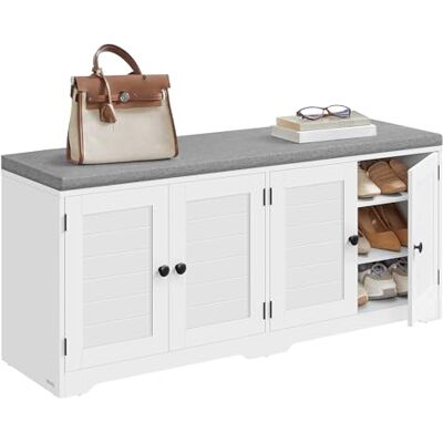 VASAGLE Schuhbank, 3 Ebenen, Sitzbank mit Stauraum, Türen und Sitzkissen, Schuhregal mit höhenverstellbaren Ablagen, 35,5 x 121 x 52 cm, für Flur Schlafzimmer, leinenweiß-Taubengrau LSB048WB01 VASAGLE Schuhbank, 3 Ebenen, Sitzbank mit Stauraum, Türen und Sitzkissen, Schuhregal mit höhenverstellbaren Ablagen, 35,5 x 121 x 52 cm, für Flur Schlafzimmer, leinenweiß-Taubengrau LSB048WB01