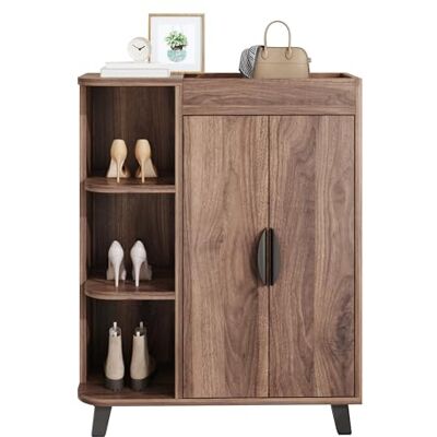 Merax Schmaler Schuhschrank 80x32x99cm, mit Doppeltür & offenen Fächern – für kleine Flure, Holzfarbe Merax Schmaler Schuhschrank 80x32x99cm, mit Doppeltür & offenen Fächern – für kleine Flure, Holzfarbe