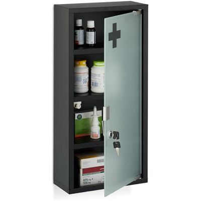 Relaxdays Medizinschrank, 4 Fächer, HxBxT: 57 x 27 x 12 cm, abschließbarer Medikamentenschrank, Stahl, Glastür, schwarz Relaxdays Medizinschrank, 4 Fächer, HxBxT: 57 x 27 x 12 cm, abschließbarer Medikamentenschrank, Stahl, Glastür, schwarz