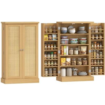 HOMCOM Küchenschrank mit 2 Türen, Verstellbaren Ablagen, 60 x 30 x 104 cm Mehrzweckschrank, Vitrinenschrank mit Rattanoptik, 12 Gewürzfächern, Beistellschrank, für Wohnzimmer, Küche HOMCOM Küchenschrank mit 2 Türen, Verstellbaren Ablagen, 60 x 30 x 104 cm Mehrzweckschrank, Vitrinenschrank mit Rattanoptik, 12 Gewürzfächern, Beistellschrank, für Wohnzimmer, Küche