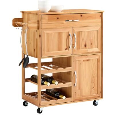 SoBuy Küchenwagen mit Rollen aus Massivholz & Weinregal, 75x86x38cm, Küche Servierwagen mit Arbeitsplatte, 2 Schubladen, 2 Schränken, Haken & Weinregal für 9 Flaschen, für Esszimmer/Terrasse, FKW45-N SoBuy Küchenwagen mit Rollen aus Massivholz & Weinregal, 75x86x38cm, Küche Servierwagen mit Arbeitsplatte, 2 Schubladen, 2 Schränken, Haken & Weinregal für 9 Flaschen, für Esszimmer/Terrasse, FKW45-N