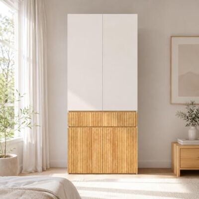 Merax Kleiderschrank und Drehtürenschrank, 4-türiger Garderobenschrank mit Rillenoptik, 1 Kleiderstange, 1 Schublade und Fächern, hoher Mehrzweckschrank 90x50x202 cm, Lichtgrau und Natur Merax Kleiderschrank und Drehtürenschrank, 4-türiger Garderobenschrank mit Rillenoptik, 1 Kleiderstange, 1 Schublade und Fächern, hoher Mehrzweckschrank 90x50x202 cm, Lichtgrau und Natur